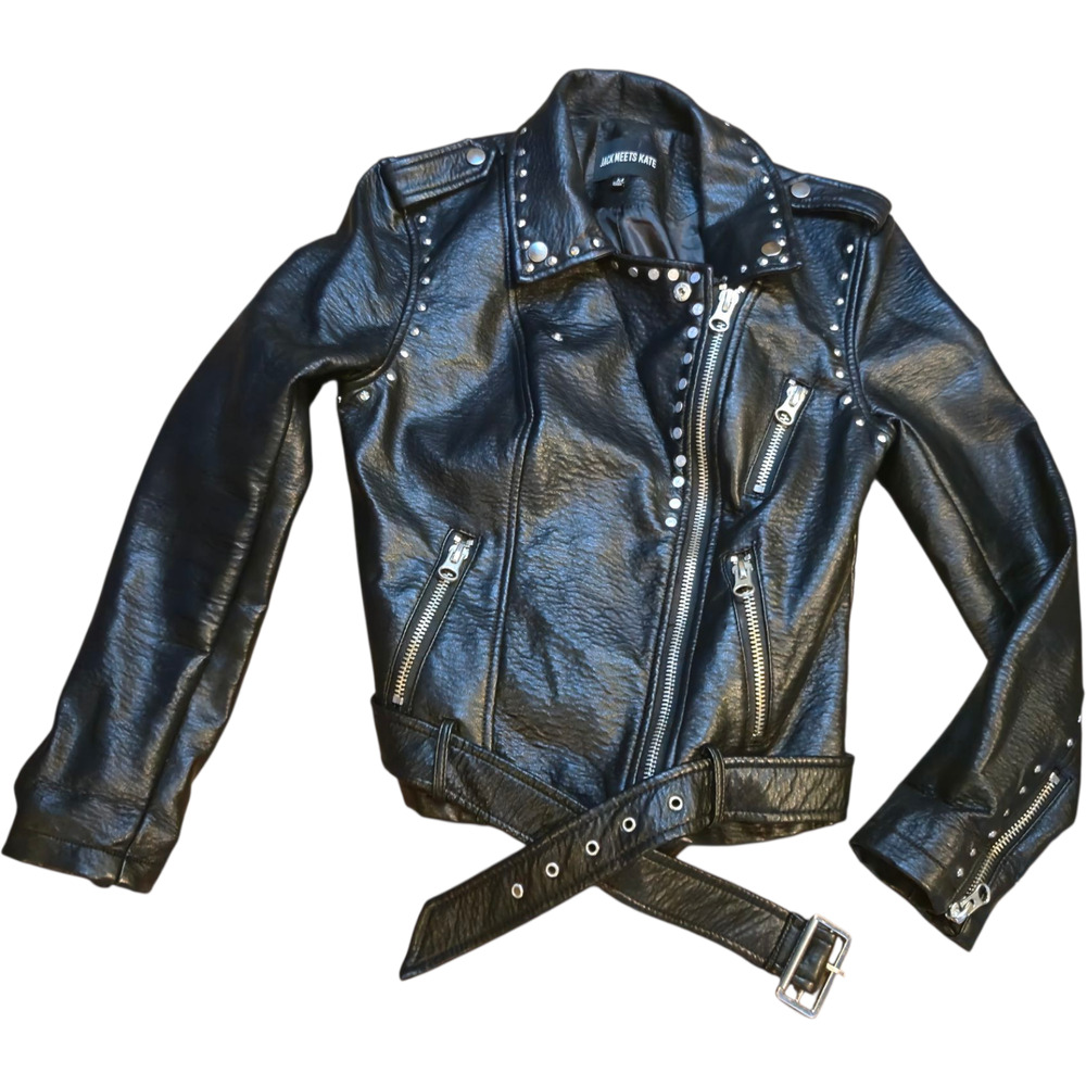 Jack Meets Kate Studded Faux Leather Moto Jacket Black M Punk Biker Y2K Zip Belt